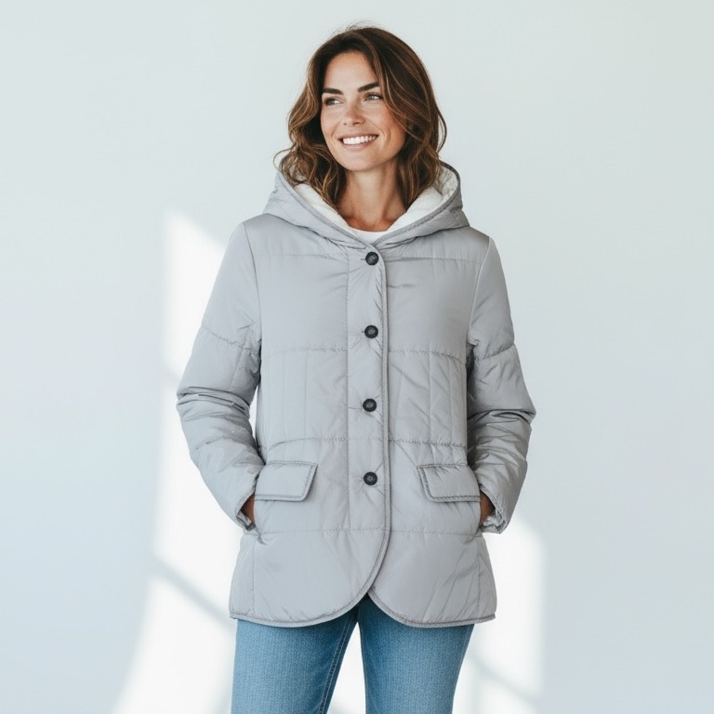 Brunello Cucinelli Jacket Gray With Monili Trim Hood Puffer Size 42 M